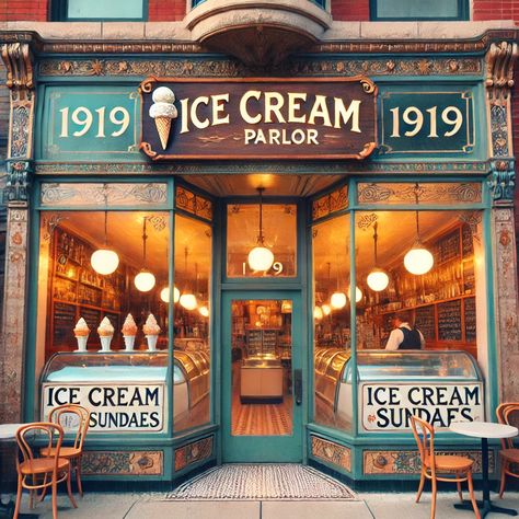 Toy Store Exterior, Small Ice Cream Shop Design, Ice Cream Shop Aesthetic, Vintage Ice Cream Shop, Ice Cream Wagon, Victorian Train, Micro Bakery, Ice Creamery, Old Fashioned Ice Cream