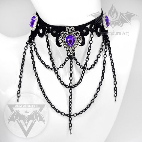 Amethyst Queen Black Lace Necklace With Purple and White - Etsy Bulgaria Victorian Purple, Black Lace Necklace, Victorian Gothic Jewelry, Purple Choker, Purple Goth, Goth Choker, Goth Necklace, Queen Black, Black Crown