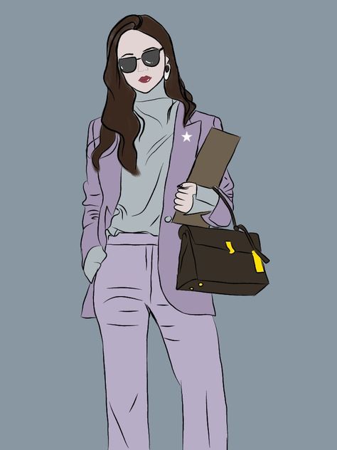 She is wearing black goggles, purple suit with a silver greyish shirt inside holding a file and her Meath purse. Business Women Anime, Vincenzo Illustration, Boss Woman Illustration, Boss Lady Illustration, Kdrama Vincenzo, Animated Women, Mother Daughter Art, Streak Ideas, Women Ceo