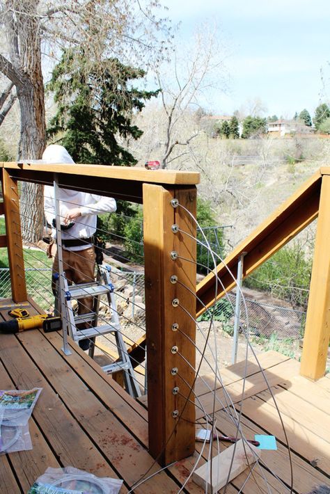 How to Install DIY Cable Rail | Annabode + Co. Reling Design, Deck Railing Design, Balkon Decor, Sustainable Interior Design, Wooden Deck, Railing Ideas, Cable Railing, Deck Railing, Budget Patio