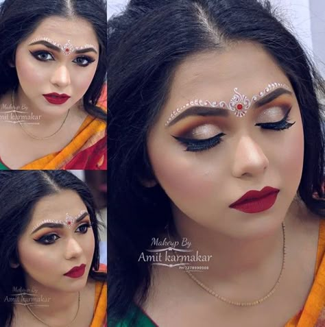 Bengali Kumkum Design, Bengali Bride Forehead Design, Bridal Kalka Design, Radha Tilak Design, Kolka Design Bridal, Bridal Kolka Design, Radha Makeup Look, Kalka Design, Indian Eye Makeup