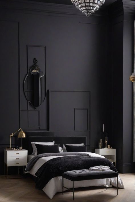 bedroom interior design,wall paint color,interior design,home improvement Black Paint For Bedroom Wall, Black Accent Wall Bedroom Paint Color, Black Paint Bedroom Walls, Black Plank Wall Bedroom, Black Painted Walls Bedroom, Dark Bedroom Paint Ideas, Best Black Paint Color For Accent Wall, Black Paint Bedroom, Black Painted Room