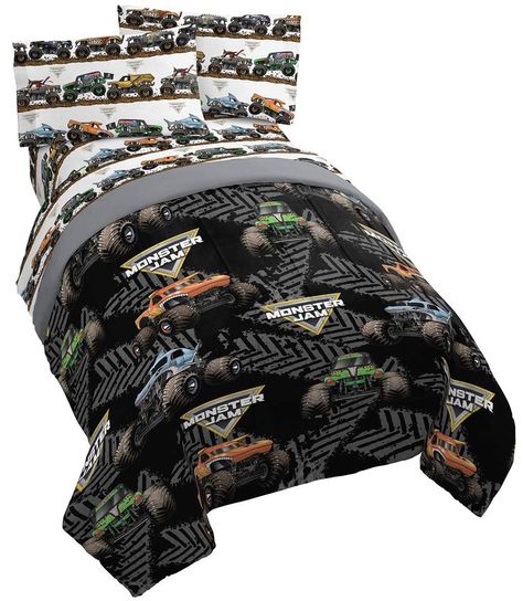 Monster Jam Tracks 5 Piece Queen Bed Set - Includes Comforter & Sheet Set - Bedding Features Grave Digger & Megalodon - Super Soft Fade Resistant Microfiber (Official Monster Jam Product) Spiderman Bed, Queen Bed Set, Kids Sheet Sets, Kids Comforters, Kids Sheets, Grave Digger, Full Bedding Sets, Child Smile, Twin Bed Sets