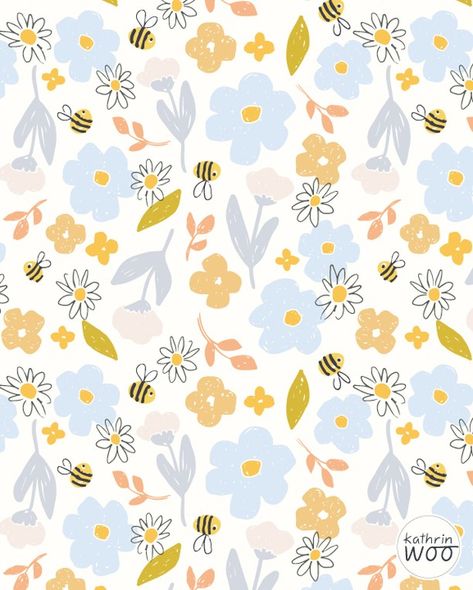 Spring repeat pattern “Bees And Blooms” by Kathrin Woo.  #springpattern #patterndesign #fabricpattern Bees And Flowers Wallpaper, Spring Pattern Illustration, Kawaii Bee Wallpaper, Yellow Bee Background, Spring Seamless Pattern, Flower Seamless Pattern, Bee Illustration, New Followers, Textile Pattern Design