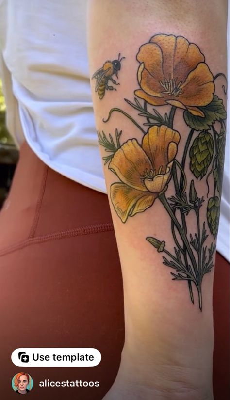 Bee On Flower Tattoo, Honey Comb Bee Flower Tattoo, Bee On A Flower Tattoo, Honey Bee On Flower Tattoo, Bee Landing On Flower Tattoo, California Poppy Tattoo, California Poppies, Wonderland Tattoo, Bee Tattoo