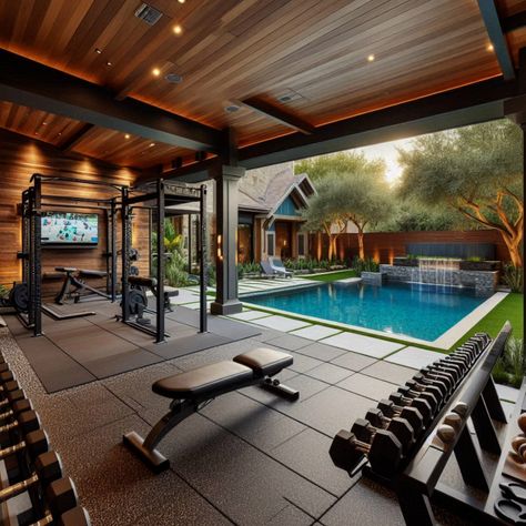 Create an ultimate backyard fitness space with a custom gym and pool. Get inspired by these stunning designs! #CustomGym #OutdoorFitness #PoolParty #SwimmingPool #PoolTime Black Home Gym, 3d Rendering Interior, Rendering Interior Design, Backyard Gym, Fitness Space, Dream Home Gym, Gym Design Interior, Rendering Interior, House Gym