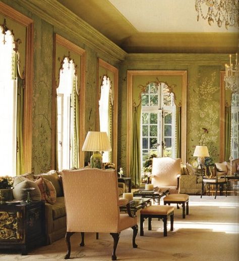 Sitting room in the American Embassy in London. The hand-painted wall covering is over 100 years old. Winfield House, House Green, Chinese Wallpaper, House In London, House London, Green Rooms, World Of Interiors, Traditional Interior, Beautiful Interiors