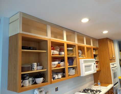 Raise Kitchen Cabinets, Raising Cabinets Kitchen, Insert Cabinets, Diy Kitchen Cabinet Refacing, Uneven Upper Kitchen Cabinets, Wood And Colored Cabinets, Add Upper Cabinets To Existing, How To Raise Your Kitchen Cabinets, Cabinet To Ceiling Diy