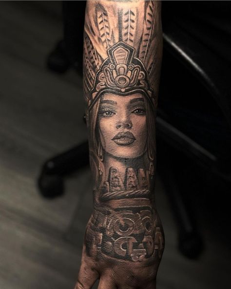 Aztec Queen Tattoo, Mayan Warrior Woman Tattoo, Aztec Female Warrior, Aztec Woman Tattoo, Aztec Warrior Tattoo Designs, Aztec Tattoo Designs For Women Beautiful, Deep Tattoos For Guys, Mayan Princess Tattoo, Female Aztec Warrior Tattoo