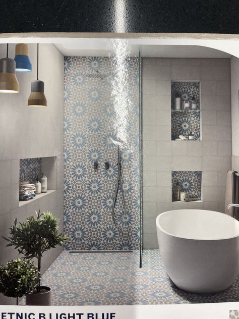 Blue Patterned Tile, Timeless Bathroom Design, Hall Tiles, Small Master Bath, Patterned Bathroom Tiles, Style Tiles, Patterned Tile, Timeless Bathroom, Patterned Floor Tiles