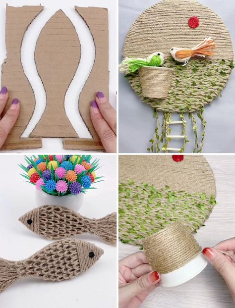 Craft Ideas Cardboard, Best Of Waste, Jute Craft Ideas, Recycle Cardboard, Feather Crafts Diy, Jute Craft, Cardboard Craft, Craft Easy, Simple Crafts