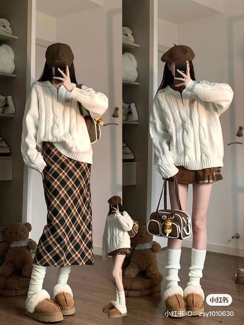 Winter Outfits Trousers, Korean Long Skirt Outfits For Winter, Winter Outfits Switzerland, Douyin Winter Outfits, Winter Asian Outfits, Winter Outfits Plaid, Plaid Skirt Outfit Fall, Outfits With White Skirt, Korean Outfits Aesthetic