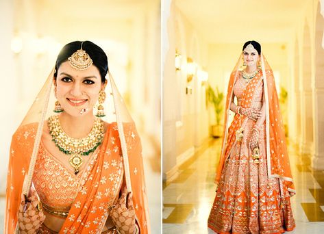 11 Orange lehengas for the autumn ready brides | Fashion | Bride | WeddingSutra Lehenga Jewellery Ideas, Anita Dongre Lehenga, Coral Gown, Orange Lehenga, Bridesmaid Photoshoot, Indian Wedding Bride, Lehenga Saree Design, Lehenga Jewellery, Lehenga Pattern