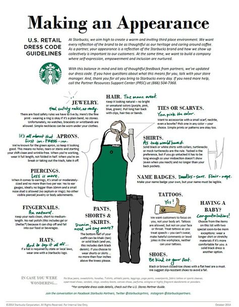 New Starbucks Barista Dress Code: Yes to Tattoos. Yes to Black Jeans. Begins 10/20. - StarbucksMelody.comStarbucksMelody.com Starbucks Closing Checklist, Working At Starbucks Outfits, Starbucks Dress Code Outfits, Starbucks Dress Code, Starbucks Interview, Starbucks Training, Waitressing Tips, Hair Policy, Starbucks Barista Training