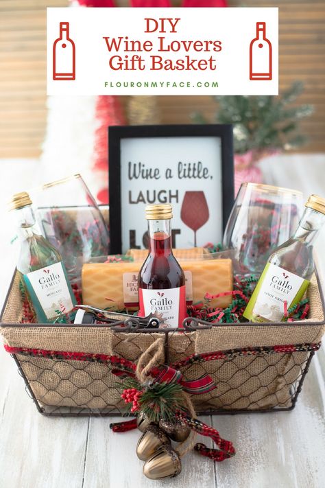 DIY Wine Gift Basket Ideas #giftideas #wine #giftbaskets #flouronmyface Wine Gift Basket Ideas, Diy Wine Gift Baskets, Diy Christmas Baskets, Wine Gifts Diy, Wine Gift Basket, Basket Gift Ideas, Christmas Gift Baskets Diy, Raffle Basket, Auction Baskets