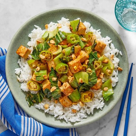 Recipe: Stir-Fried Tofu & Vegetables with Spicy Sesame-Peanut Sauce - Blue Apron Vegetarian Stir Fry Sauce, Pok Choi, Tempeh Marinade, Braised Tofu, Vegetarian Stir Fry, White Bean Chili, Vegetarian Mains, Mapo Tofu, Peruvian Food