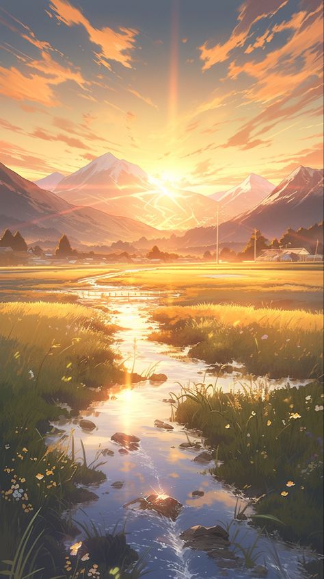 Sunset Landscape Wallpaper, Anime Sky Wallpaper, Anime Nature Wallpaper, Fantasy Scenery, Wal Art, Scenery Background, Art Gallery Wallpaper, Sunset Landscape, Cool Wallpapers Art