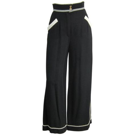 1990s Black Chanel High waisted Wide leg Pants  | From a collection of rare vintage pants at https://www.1stdibs.com/fashion/clothing/pants/ Luxury Fitted Retro Pants, Luxury Vintage Pants With Pockets, Luxury Vintage Pants, Luxury Elegant Gucci Pants, Luxury Vintage Brown Pants, Chanel Pants, Button Pants, Png Clothes, High Waisted Wide Leg Pants