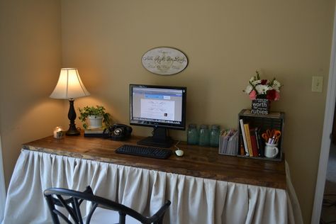 DIY Skirted Desk Cover Desk With Fabric, Skirted Cabinets, Hideaway Desk, Desk Skirt, Desk Redo, Printer Storage, Table Skirts, Desk Organization Diy, Kitchen Desks