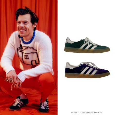 Adidas Gazelle Outfit Men, Harry Styles Shoes, Harry Styles Gucci, Airy Styles, Suit For Men Wedding, Adidas X Gucci, Gucci X Adidas, Adidas Gazelle Indoor, Streetwear Inspiration