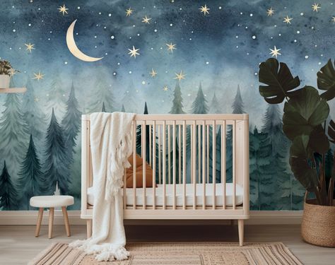 Night Forest Nursery, Firefly Nursery Theme, Night Nursery Theme, Night Sky Nursery Theme, Night Sky Bedroom, Starry Night Nursery, Night Sky Nursery, Sky Wall Mural, Celestial Nursery