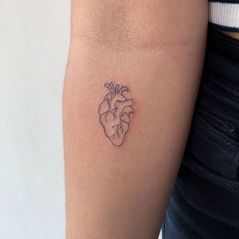 Heart tattoo. #tattoo#heart Line Work Heart Tattoo, Organ Tattoo Ideas, Biological Heart Tattoo, Heart On Sleeve Tattoo Ideas, Half A Heart Tattoo, Organ Heart Tattoo, Tattoo Ideas Female Heart, Heart Fine Line Tattoo, Heart On Your Sleeve Tattoo