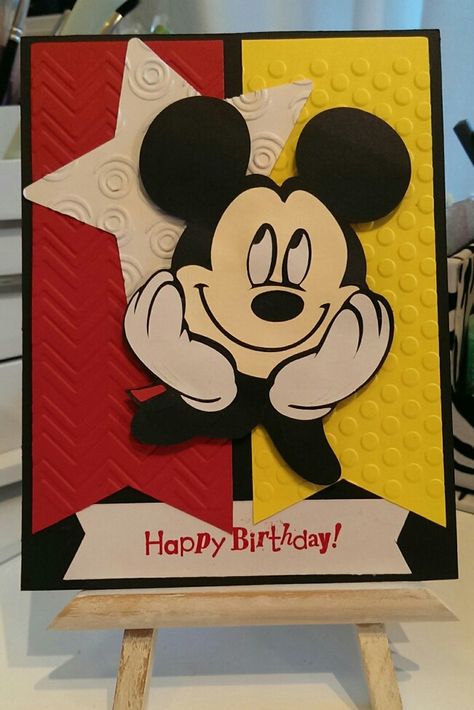 Mickey Mouse Birthday Card / Made with Mickey and Friends Cricut Cartridge and Embossing Folders / Handcrafted By Cindy Babich (Cindyswishestogive 2015) Mickey Mouse Card, Mickey Mouse Birthday Cards Handmade, Disney Birthday Cards Diy, Mickey Mouse Cards Handmade, Disney Birthday Cards, Mickey Mouse Birthday Card, Folder Decorado, Disney Birthday Card, Happy Birthday Kids