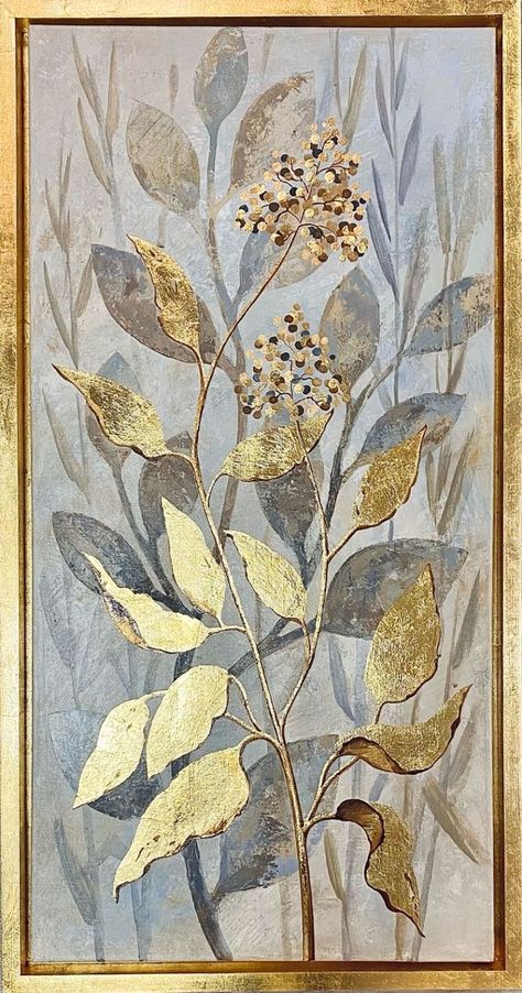 Fynbos Illustration, Gold Leaves Painting, Gold Leaf Artwork, Silver Leaf Painting, Painting With Gold, Crayon Painting, Gold Art Painting, Gold Foil Art, Boho Painting