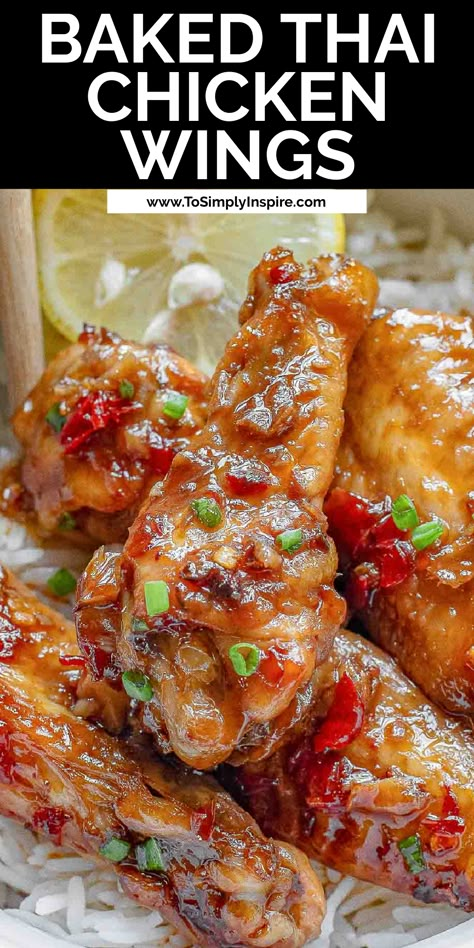 Thai chicken wings in a white bowl with rice. Baked Thai Chicken Wings, Thai Sweet Chili Wings, Thai Wing Sauce, Asian Wings Recipe Oven Baked, Chili Garlic Chicken Wings, Peach Wings Recipe, Recipes With Ginger Paste, Sweet Thai Chili Chicken Wings, Asian Chicken Wings Recipe