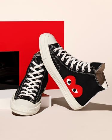 Converse Cdg, 70 Converse, Converse X Comme Des Garcons, Converse Play, Converse Comme Des Garcons, Black High Top Shoes, Garcons Converse, Custom Chuck Taylors, Comme Des Garcons Converse