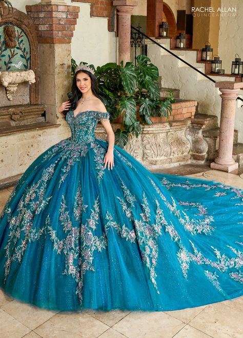 Teal Quinceanera Dresses, 16th Dresses, 15 Th Birthday, Fancy Dresses Wedding, Off The Shoulder Corset Dress, Dama Dresses Quinceanera, 1500 Dresses, Blue Quinceanera Dresses, Quinceanera Tiaras