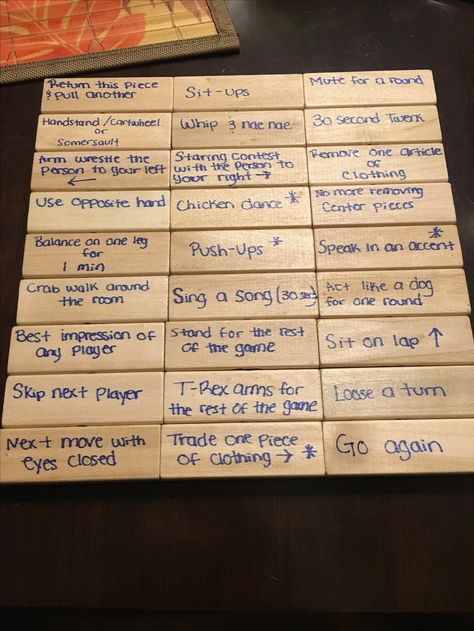 Jenga with a twist Birthday Jenga Game, Twisted Jenga, Bachelorette Jenga Game, Jenga Game Ideas For Kids, Strip Jenga, Jenga Game Ideas, Adult Jenga Ideas, Couples Jenga, Jenga With A Twist