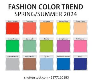 Fashion Color Trend Spring - Summer 2024. Trend colors palette guide. Brush strokes of paint color with names swatches. Future color trend forecast. Vector illustration Pantone Spring Summer 2024, Spring Colors 2024 Fashion, Spring 2024 Fashion Color Trends, Color For 2024 Fashion, Summer Color Trends 2024, Colors For Spring 2024, Trend Color 2024 Fashion Spring / Summer, Spring Summer Color Palette 2024, Summer 2024 Color Trends Fashion