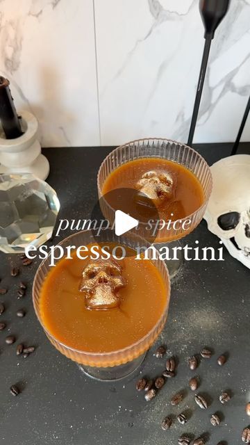 Tori Mohn | DIY, Furniture Flips, & Home on Instagram: "PSL 🤝 MARTINI. This pumpkin spice latte espresso martini is such a hit! 10 out of 10 😍  SAVE this video for the recipe   - Freeze regular brewed coffee + edible glitter in skull ice cube tray overnight - Add regular ice to your shaker (save your coffee skull cubes for the end) - Add 2 oz brewed espresso - I wait until it chills so it doesn’t melt the ice. - Add 1.5 oz vodka  - I used Tito’s - Add 0.5 oz coffee liqueur - I used Kahlua - Add 1 oz plain half and half - I used vanilla originally and it was too sweet, but up to you! - Add 0.75 oz pumpkin spice simple syrup - Shake and enjoy! This recipe is good for 1 drink! Double the recipe for 2 and so on.  #psl #espressomartini #explorepage #halloweenparty #cocktail #espressomartini # Skull Ice Cubes, Pumpkin Spice Simple Syrup, Coffee Skull, Martini Espresso, Coffee Ice Cubes, Recipe For 2, Cocktails To Try, Coffee Liqueur, Glitter Pumpkins