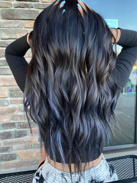 Dark Colored Dyed Hair, Balayage Hair Blue Grey, Black Hair With Dark Blue Peekaboo, Blue Black Lowlights In Brown Hair, Black Hair With Some Color, Dark Hair Color Ideas No Bleach, Blue Hair Color On Brown Hair, Blue Black Hair With Curtain Bangs, Blue Grey Balayage