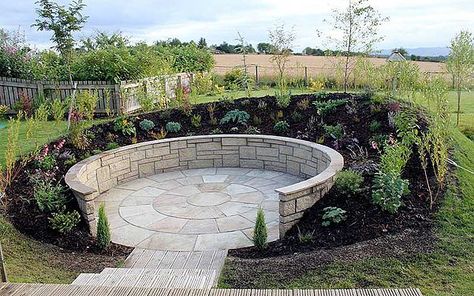 A paved, walled sunken garden behind an earth bank to enjoy the sun when things get too windy on the decking.   | Sunken circle Windy Garden Ideas, Sunken Garden Ideas, Hillside Patio, Recessed Patio, Circle Garden Design, Sloped Backyard Landscaping Ideas, Garden Circle, Steep Gardens, Sloped Backyard Landscaping