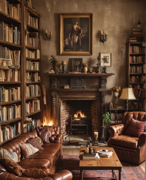 Traditional Antique Living Room, Antique House Interior, Antique Living Room Ideas, Living Room Library Ideas, Victorian Style Living Room, Antique Room Decor, Library Reading Nook, Dark Academia Living Room, Living Room Victorian