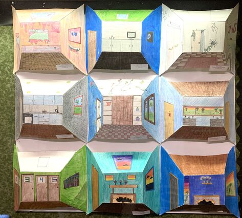 3d Room Art Project, Room Of Mirrors Illusions, Mural Illusion, Perspective Elementary Art, Reverse Perspective Art Lesson, Middle School Optical Illusion Art, One Point Perspective Room Surrealism, 3d Illusion Drawing, 7th Grade Art