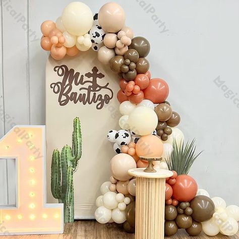 136pcs Balloon Combination Cream Peach（5inch*10pcs，10inch*10pcs，12inch*5pcs） Matte Ivory（5inch*10pcs，10inch*15pcs，12inch*5pcs，18inch*1pcs） Caramel Balloon（5inch*10pcs，10inch*15pcs，12inch*5pcs） Retro Burnt Orange（5inch*10pcs，10inch*10pcs，12inch*5pcs） Doubled Apricot（5inch*5pcs，10inch*5pcs，12inch*5pcs） Cow Balloon（12inch*10pcs） Free to you：1Roll Glue Balloon Chain、Hook Note: -It is only for balloons, while not include flowers, leaves or other decorations. -Colors of balloon will not be pastel as the picture when it is inflated. It will be faded after inflated and put them under the sunshine or hard light for long time. -Balloons will ship flat. This is a DIY kit to be put together by consumer. -Can be inflated by air. -The garland takes about 1- 2 hours to build and does not require any prev Western Balloon Arch, Farm Party Decorations, Cowgirl Baby Shower, Cowgirl Baby Showers, Cowgirl Baby, Cowboy Baby, Balloon Chain, Diy Balloon, Farm Party