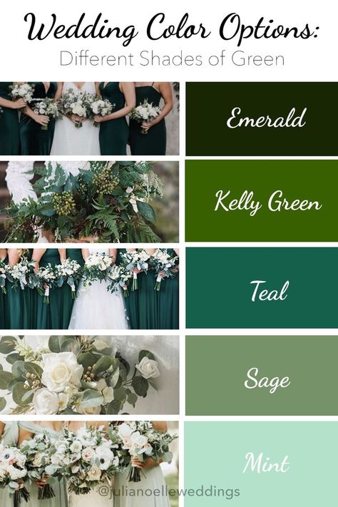 Wedding Color Green Emerald, Green Shades For Wedding, Green Theme For Wedding, Unique Colors For Wedding, Wedding Color Schemes Spring Green, Different Shades Of Green Bridesmaids Color Palettes, Emerald Color Scheme Wedding, Summer Wedding Green Color Schemes, Wedding Theme Ideas Unique 2023