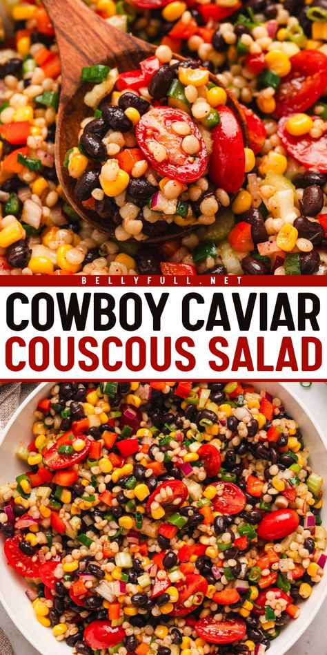 This Cowboy Caviar Couscous Salad is loaded with tender pearl couscous and a vibrant combination of diced vegetables and beans that’s tossed in a garlicky-lemon vinaigrette. It’s a quick and easy satisfying salad perfect for any get-together, and also great as a family dinner side. Couscous Main Dish Recipes, Cowboy Caviar Couscous Salad, What To Make With Couscous, Italian Couscous Recipes, Easy Couscous Salad, Cuscus Recipes Couscous, Pearl Couscous Salad Recipes, Couscous Pearl Recipes, Couscous Side Dishes