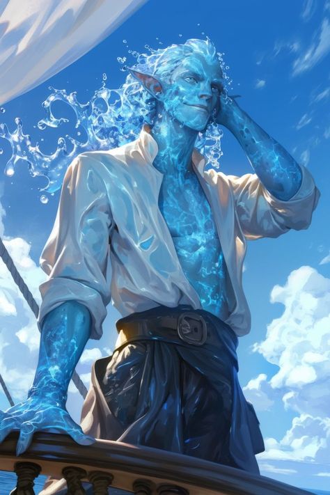 Dnd Genasi Water, Water Elemental Dnd, Dnd Genasi Character Design, Blue Fire Genasi, Water Elemental Character Design, Ethereal Character Design, Dnd Kingdom, Water Genasi Dnd, Sea Elf Dnd