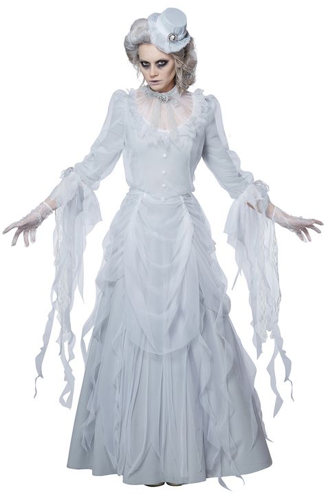 Make your friends shreik with fright as this ghostly haunting lady. Complete the look with our black and white make-up kit.... Ghost Costume Women, Ghost Bride Costume, Karneval Diy, Spirit Costume, Ghost Dresses, Ghost Bride, Ghost Halloween Costume, Vintage Attire, Hallowen Ideas