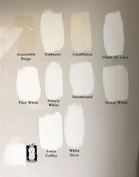 White Paint Samples On Wall, Farmhouse Interior White Paint Colors, White Bathroom Renovations, Cool White Paint Colors Sherwin Williams, Best Bathroom White Paint Color, Off White Bedroom Paint Colors, Off White Bedroom Walls Neutral Paint, White Paint Comparison, Paint Colors For Guest Bathroom