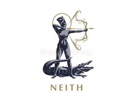 Egyptian goddess Neith. Archer. Crocodile. vector illustration Goddess Neith, Kemetic Spirituality, Egyptian Deity, Goddess Tattoo, Egyptian Tattoo, Egyptian Goddess, Vector Clipart, Alligator, Stock Illustration