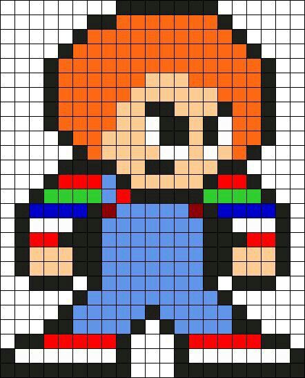 Pixel Art Horror Character, Chucky Perler Bead Patterns, Horror Characters Pixel Art, Chucky Perler Beads, Horror Jacket, Horror Perler Beads, Horror Perler, Horror Pixel Art, Pixel Art Horror