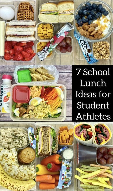 This is a photo of the 7 different school lunch ideas described in the article or post. Lunch Ideas For Athletes, Athlete Meal Plan, Bento Japanese, High School Athlete, High Protein Lunch Ideas, Athlete Food, Lunch Options, School Lunch Recipes, Quick Lunch Recipes