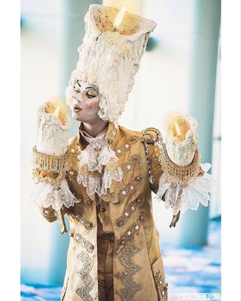 Beauty And The Beast Theatre Costumes, Lumiere Makeup, Beauty And The Beast Stage Makeup, Lumiere Cosplay, Beauty And The Beast Broadway Costumes, Lumiere Costume Diy, Lumiere Costume, Cogsworth Costume, Enchantress Costume