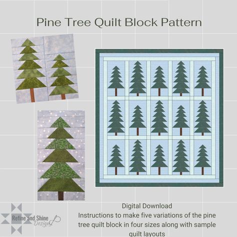 Digital Download to make five variations of the pine tree quilt block so you can make a forest of trees. Pattern can be made in four sizes and comes with sample quilt layouts and coloring pages. Pattern uses traditional piecing techniques. Tree Quilt Block Pattern, Pine Tree Quilt, Quilt Layouts, Tree Quilt Block, Tree Quilt Pattern, Forest Quilt, Christmas Quilt Blocks, Pine Tree Forest, Pine Trees Forest