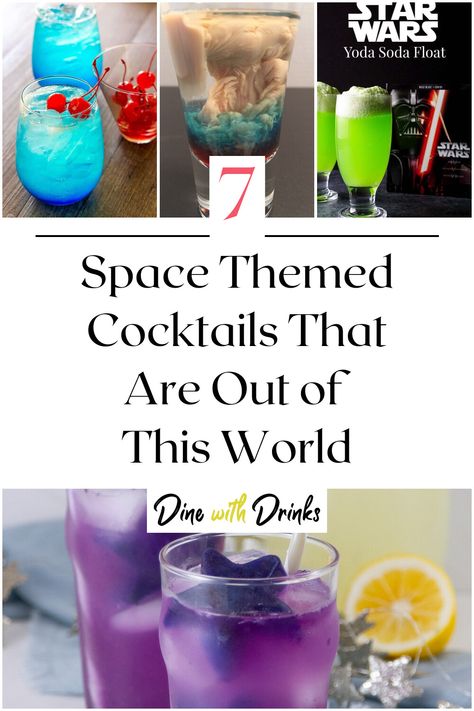 Collage of 4 space themed cocktails. Solar Eclipse Alcohol Drinks, Space Drinks Alcohol, Alien Themed Cocktails, Space Themed Mocktails, Galaxy Drinks Cocktails, Space Theme Cocktails, Eclipse Drink Ideas, Mixology Party Ideas, Alien Cocktails